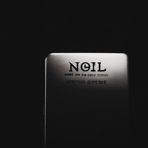 A black and white photo of a silver phone with the word noil on it.