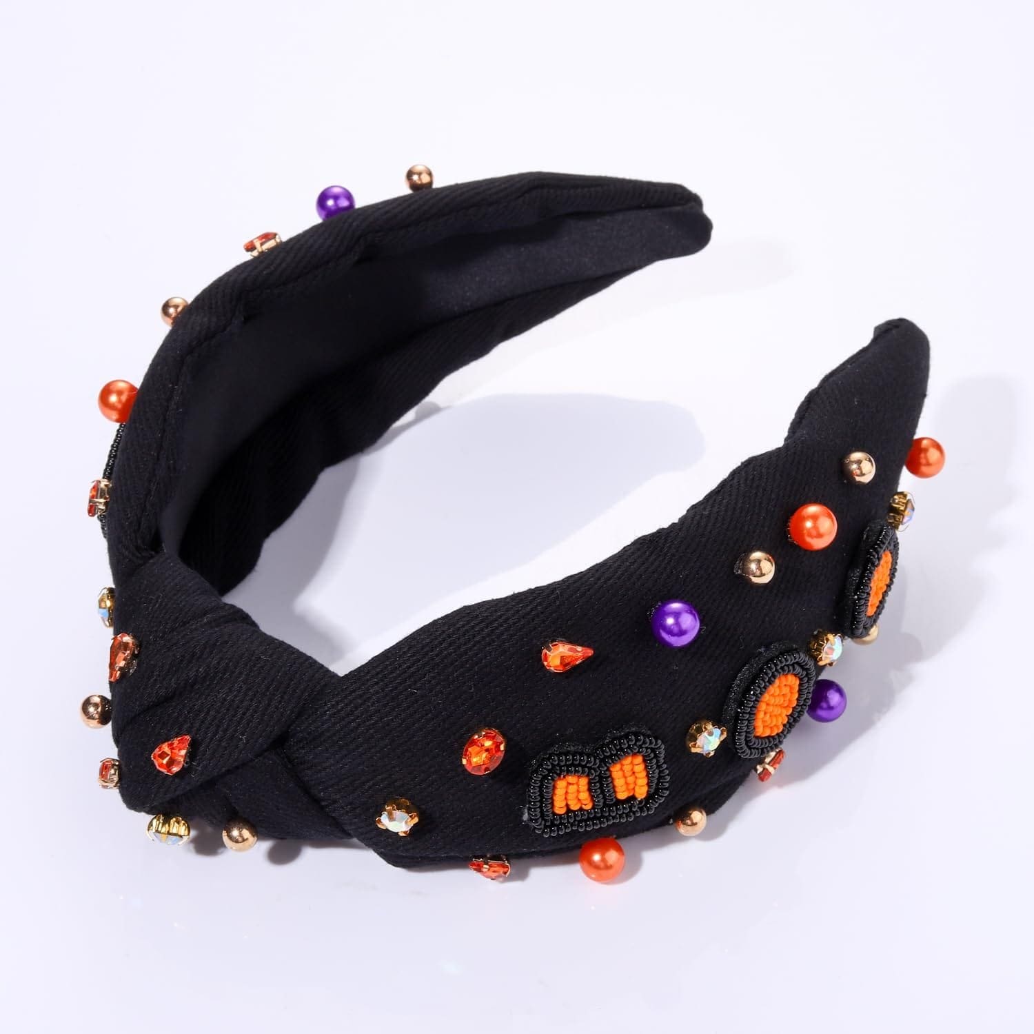 CEALXHENY Halloween Headbands for Women Halloween Accessories Gothic Ghost Knotted Headband Embellished Rhinestone Pearl Top Knot Headbands Halloween Costume Party Hair Accessory Gifts (Ghost)