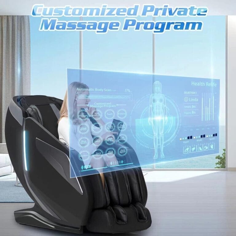 A woman in a massage chair with the words customized private massage program.