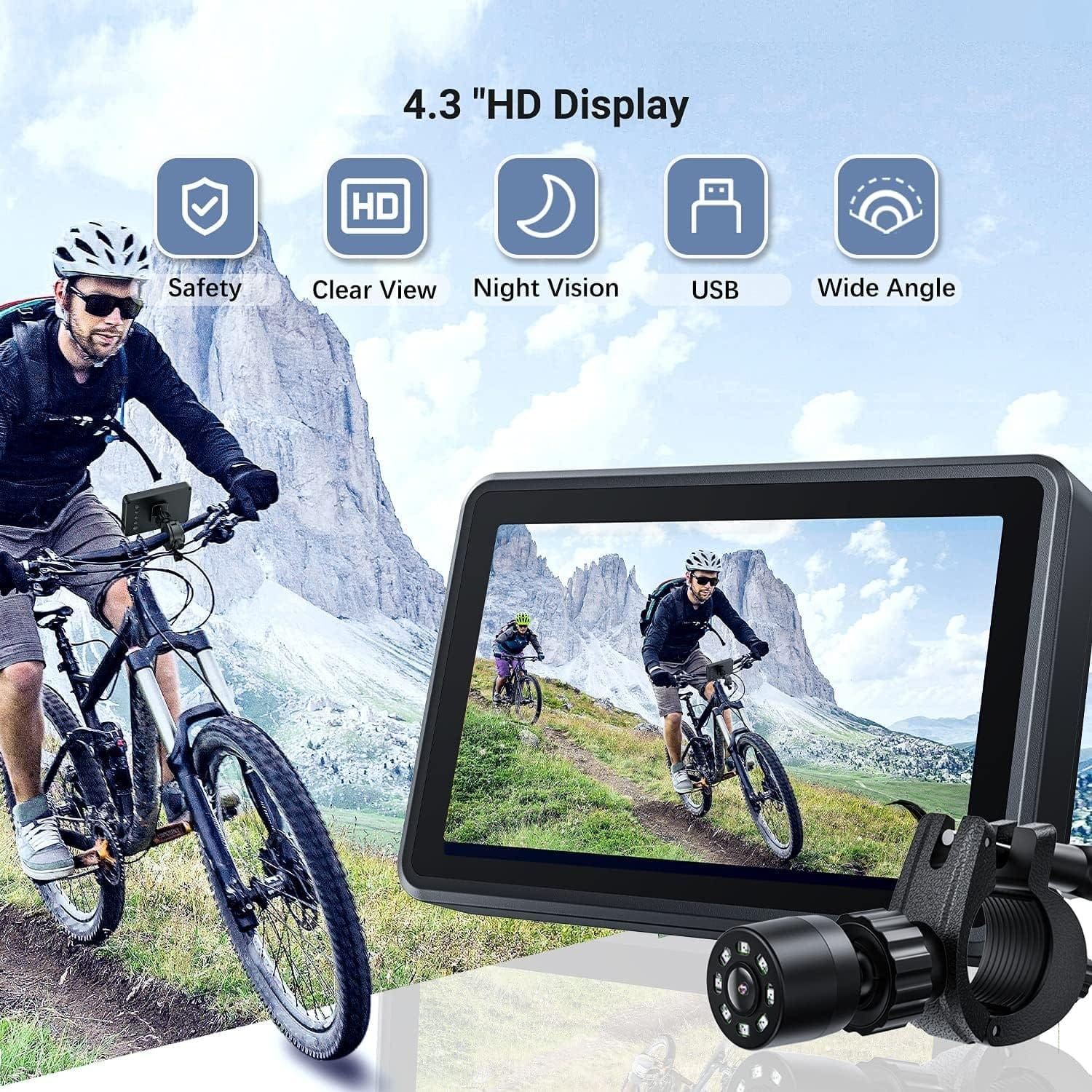 FEISIKE Handlebar Bike Mirror, Bicycle Rear View camera with 4.3 HD Night Vision Function, 145° Wide Angle View, Adjustable Rotatable Bracket, Compatible with Bicycle, Mountain, Road Bike