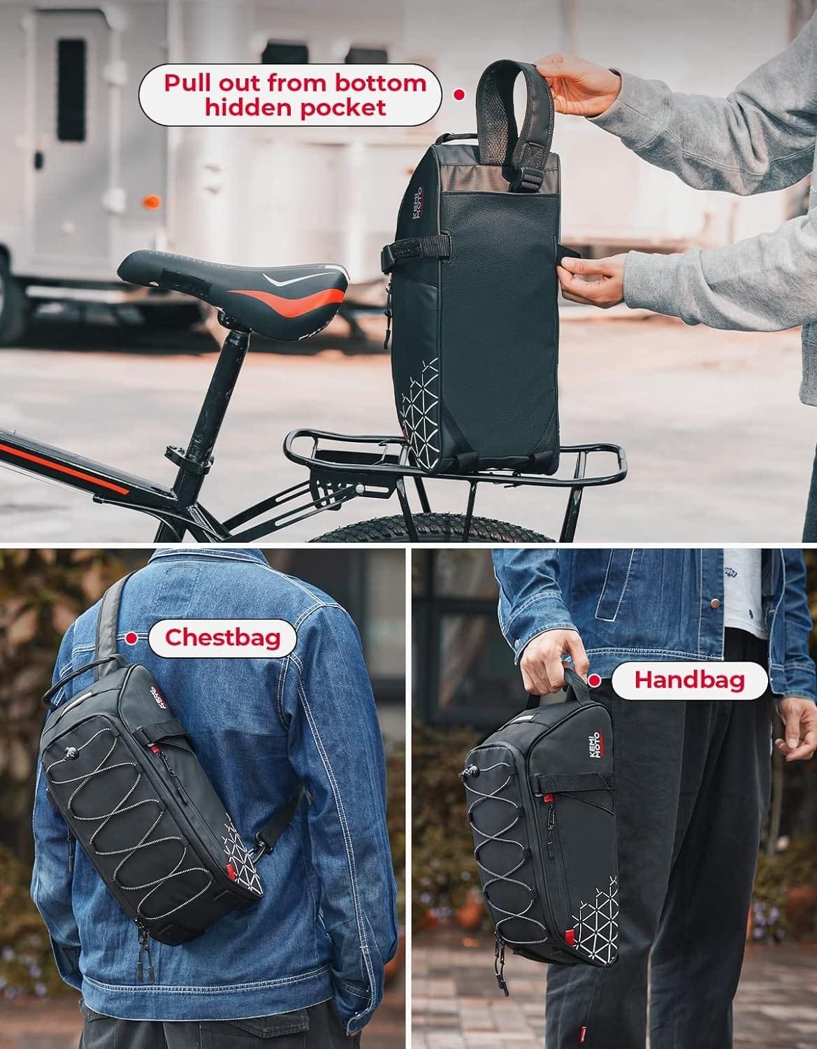 KEMIMOTO Bike Bag Rear Rack Bag Bicycle Trunk Bag, PVC Waterproof Bicycle Pannier Bike Saddle Bag for Universal Road Mountain Bike, 8L Bag for Grocery Shopping Commuter Cycling, Black