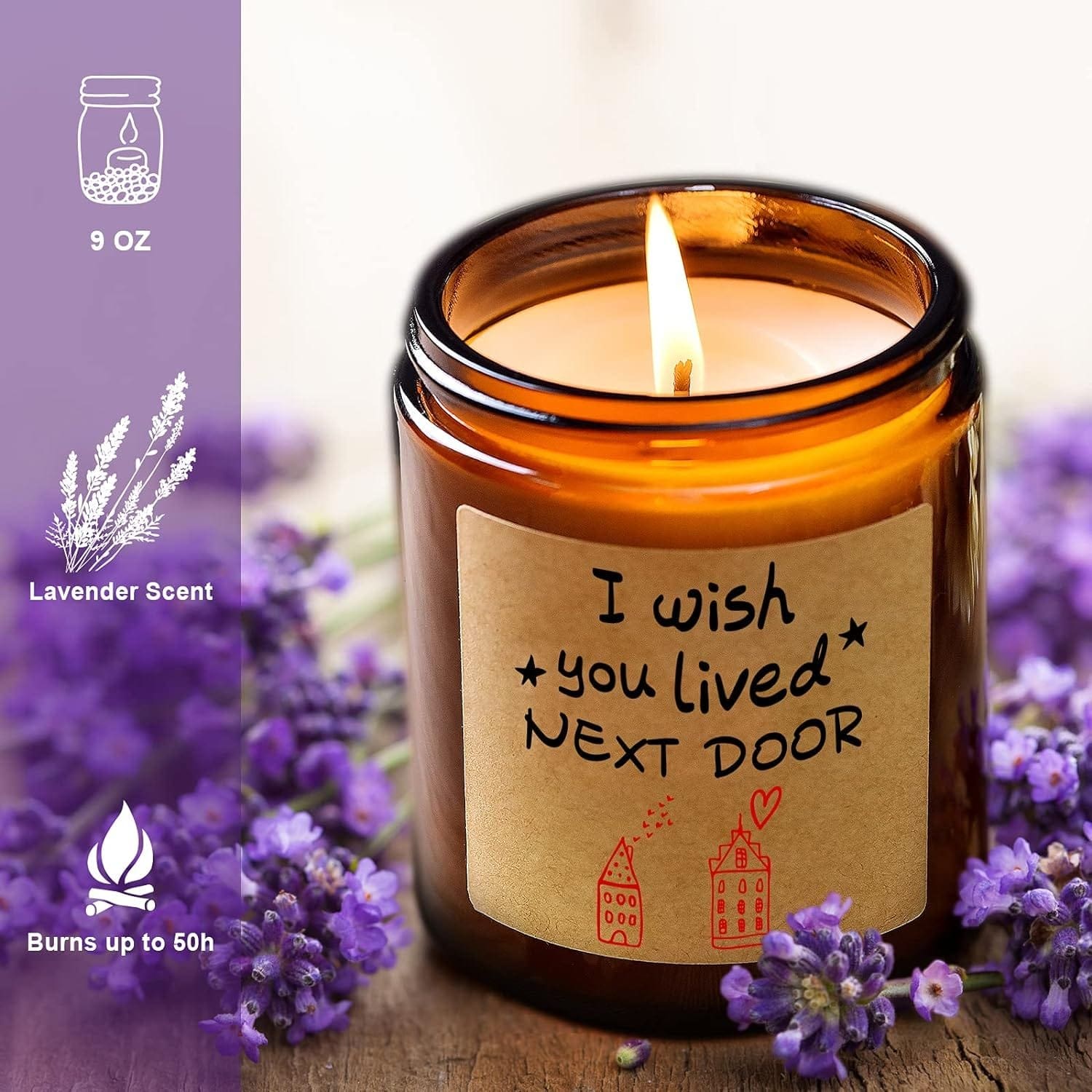 Lavender Scented Candles - I Wish You Lived Next Door - Best Friend, Friendship Gifts for Women, Mothers Day, Birthday Gifts for Friends Mom Wife - Going Away Gifts for Friends Moving