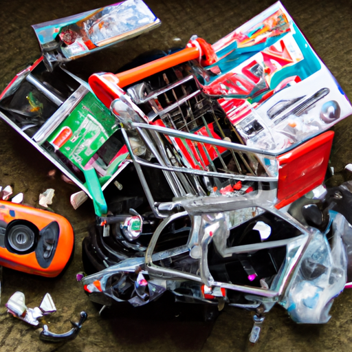 A shopping cart is laying on the floor.