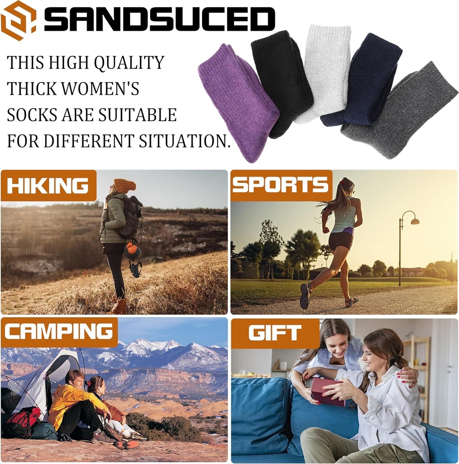 Sandsuced Merino Wool Socks for Women Hiking Warm Thick Cozy Boot Thermal Winter Work Soft Ladies Socks 5 Pack