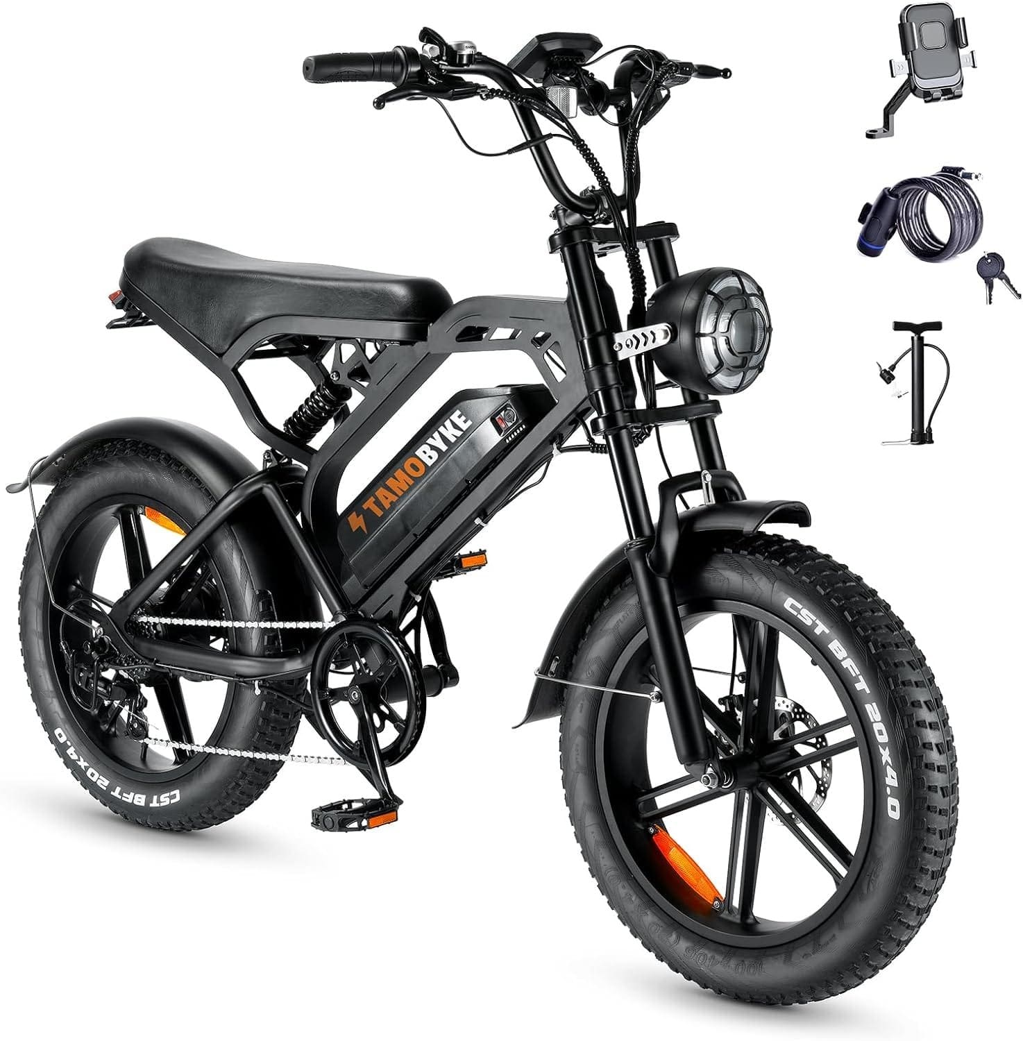 Tamobyke V20 Mountain Electric Bike 20 * 4.0 Black Fat Tire, 750W Motor /27-28mph Top Speed Ebike/Removable Lithim 48V 15Ah Battery, 7 Speed,Steering Light Ebike for Adults.