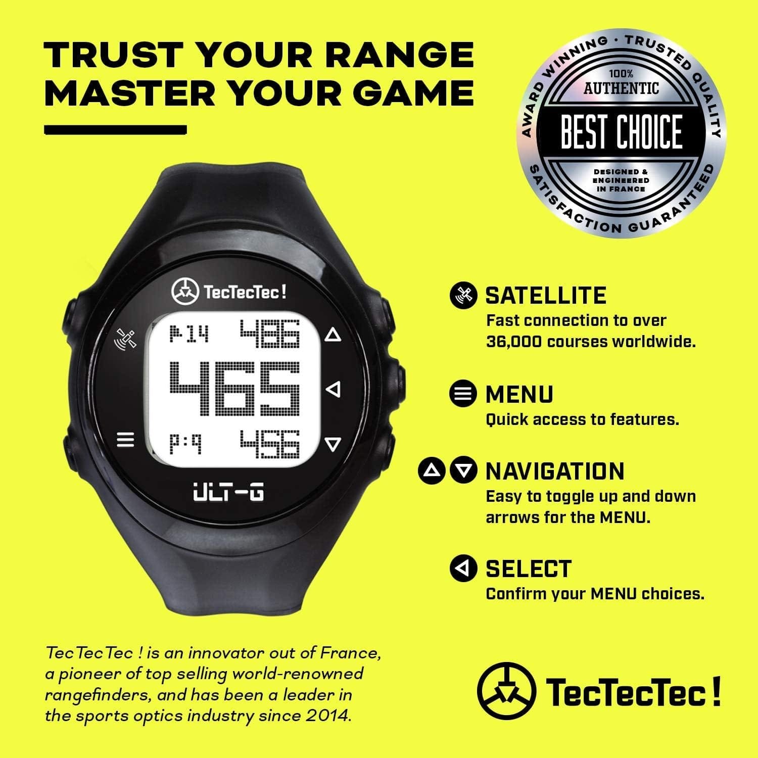 TecTecTec ULT-G Stylish, Lightweight and Multi-Functional Golf GPS Watch, Durable Wrist Band with LCD Display, Worldwide Preloaded Courses - Black