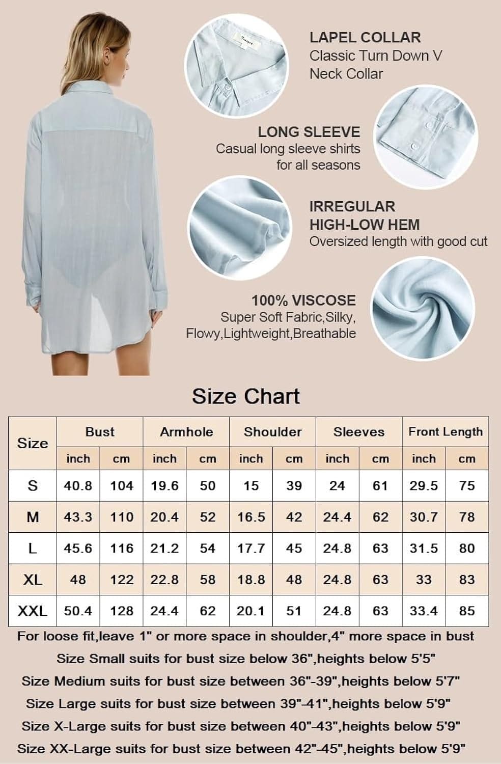 TOUSYEA Sleep Shirts for Women Button Down Shirts Long Sleeve Sleepwear Swimsuit Cover Ups Soft Pajama Tops