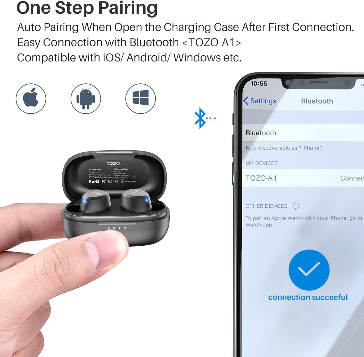 TOZO A1 Mini Wireless Earbuds Bluetooth 5.3 in Ear Light-Weight Headphones Built-in Microphone, IPX5 Waterproof, Immersive Premium Sound Long Distance Connection Headset with Charging Case, Black