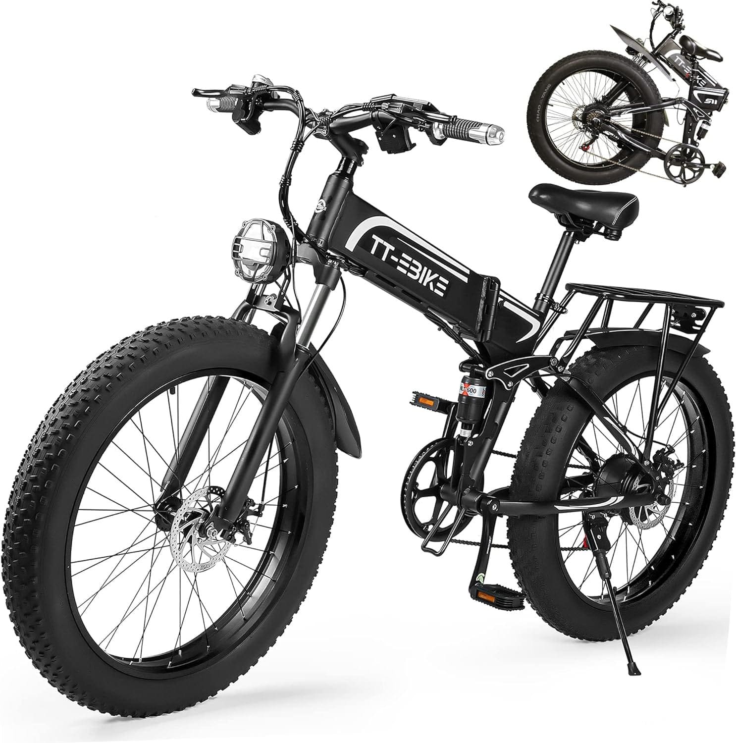 TT-EBIKE Folding Electric Bike Adults 750/1000W with 48V 17.5AH Removable Battery 26 inch 4.0 Fat Tire 31MPH Full Suspension Snow Mountain Beach Ebike with Professional Shim 7-Speed Gear