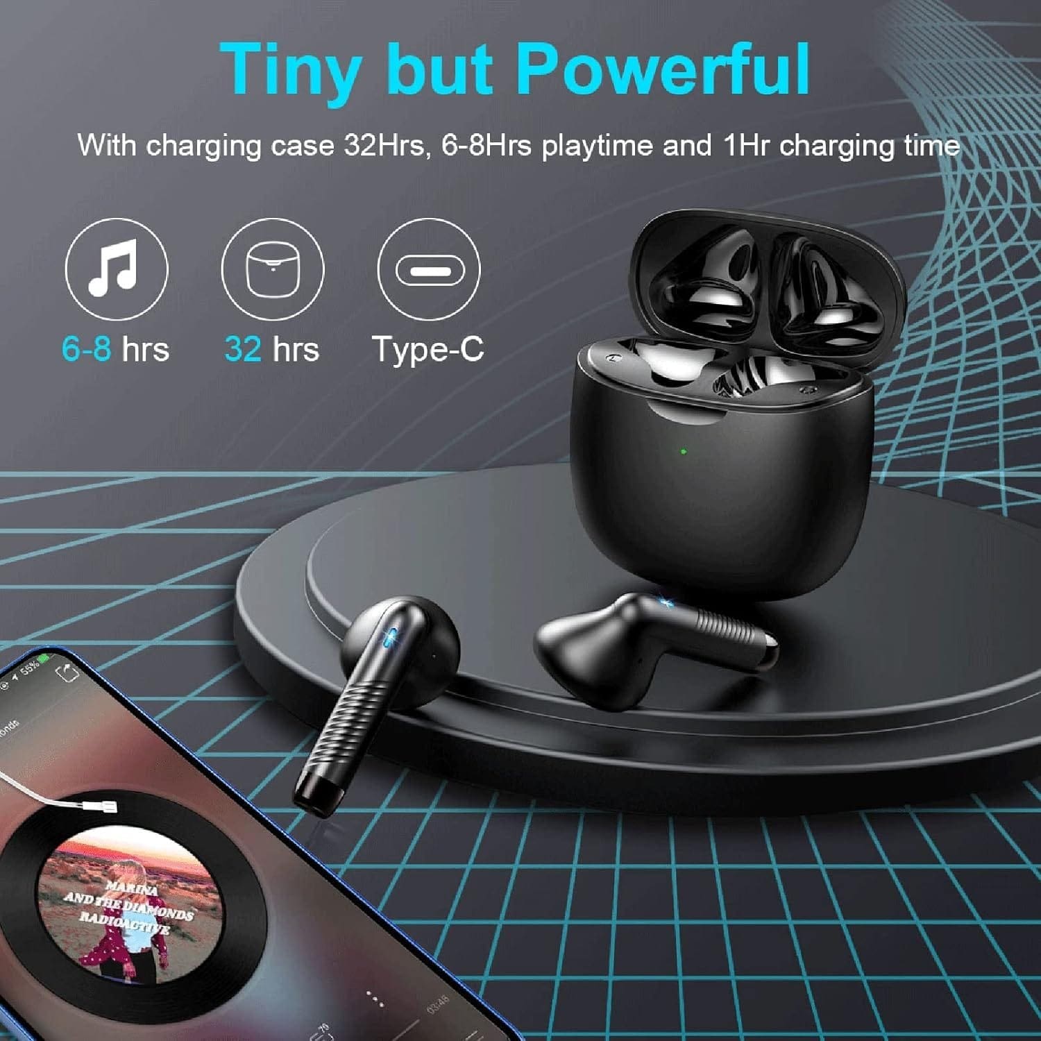 Wireless Bluetooth 5.3 Earbuds Stereo Bass, Headphones in Ear Noise Cancelling Mic, IP7 Waterproof Sports, 32H Playtime USB C Mini Charging Case Ear Buds for Android iOS