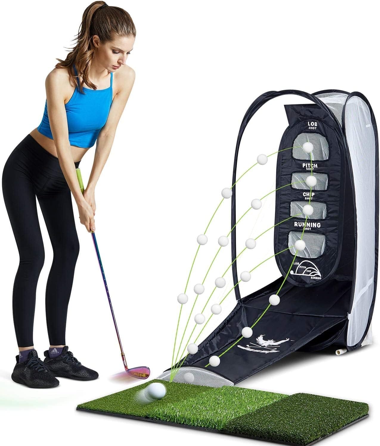 wosofe Golf Practice Hitting Net Indoor Backyard Home Chipping 2 Target and Ball Swing Training Aids Golfing Accuracy with A Tri-Turf Mat and Carry Bag Great Gifts for Dad Mom Husband Women Kid Golfers