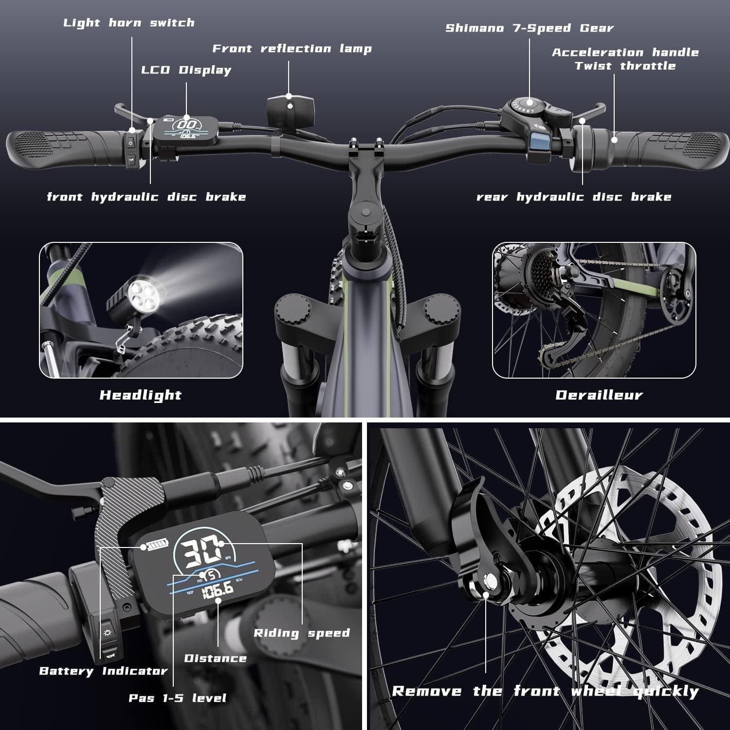 YYG Electric Bike, MG100 Fat Tire Ebike 1200W Hub Motor, Max Speed 30 Mph, Shimano 7-Speed, 30 Miles Range, 48V 17.5Ah Removable Lithium Battery, 26 x 4.0 Wheel, UL and GCC Certified