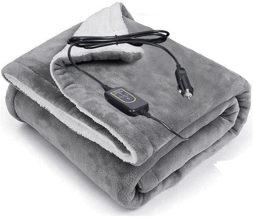 Amazingforless Plaid 12V Heated Fleece Car Blanket with Controller for Timer  Heat Levels Plaid Electric Car Blanket (Gray Faux Sherpa)