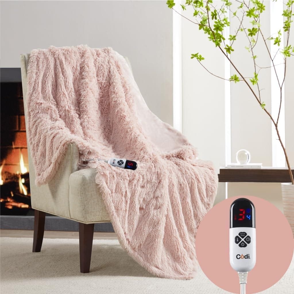 Codi Pink Electric Blanket Throw | Fuzzy Shaggy Fur Pink Blush 50x60 | Super Soft Faux Fur Heated Throws | 6 Heating Levels  4 Time Settings with Auto Shut Off, 6ft Power Cord | Washable