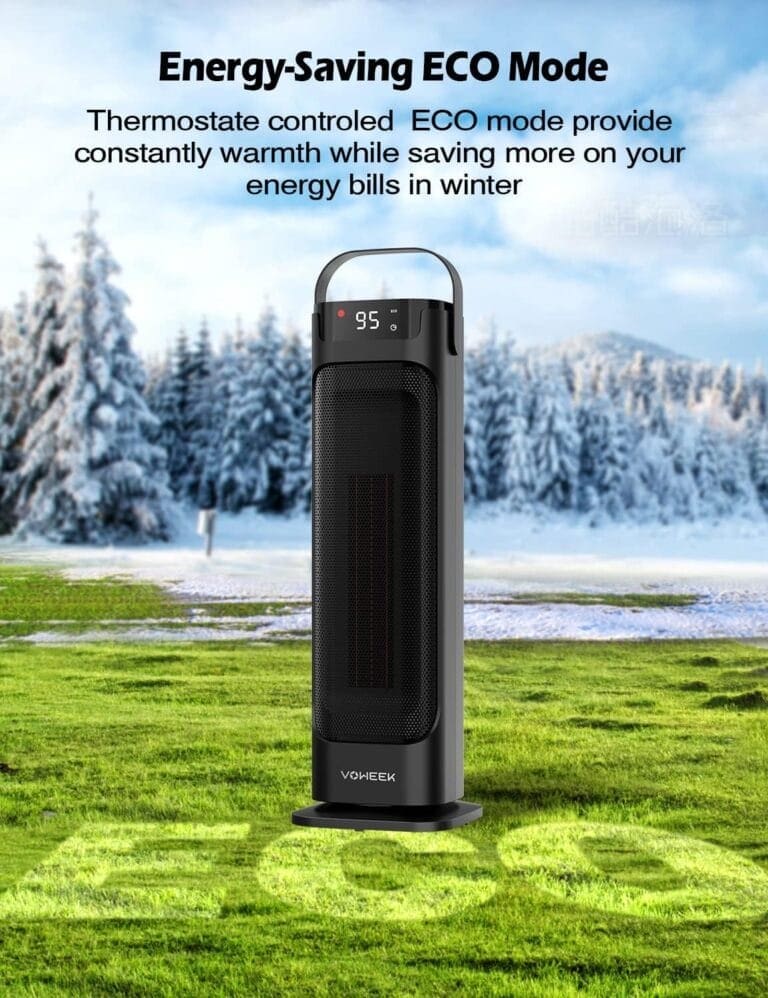 A heater with the words energy saving eco mode.