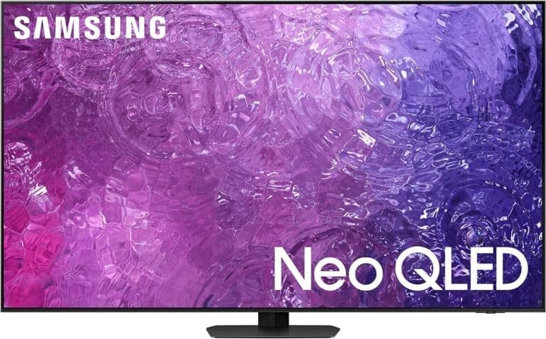 The samsung neo qed tv is shown on a white background.