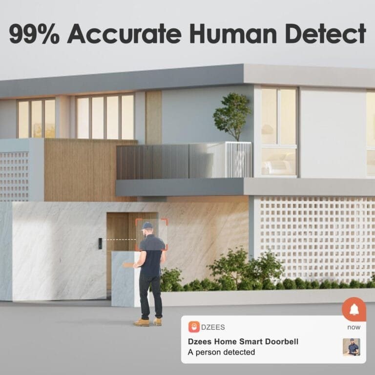 A man is standing in front of a house with the text 99% accurate human detector.