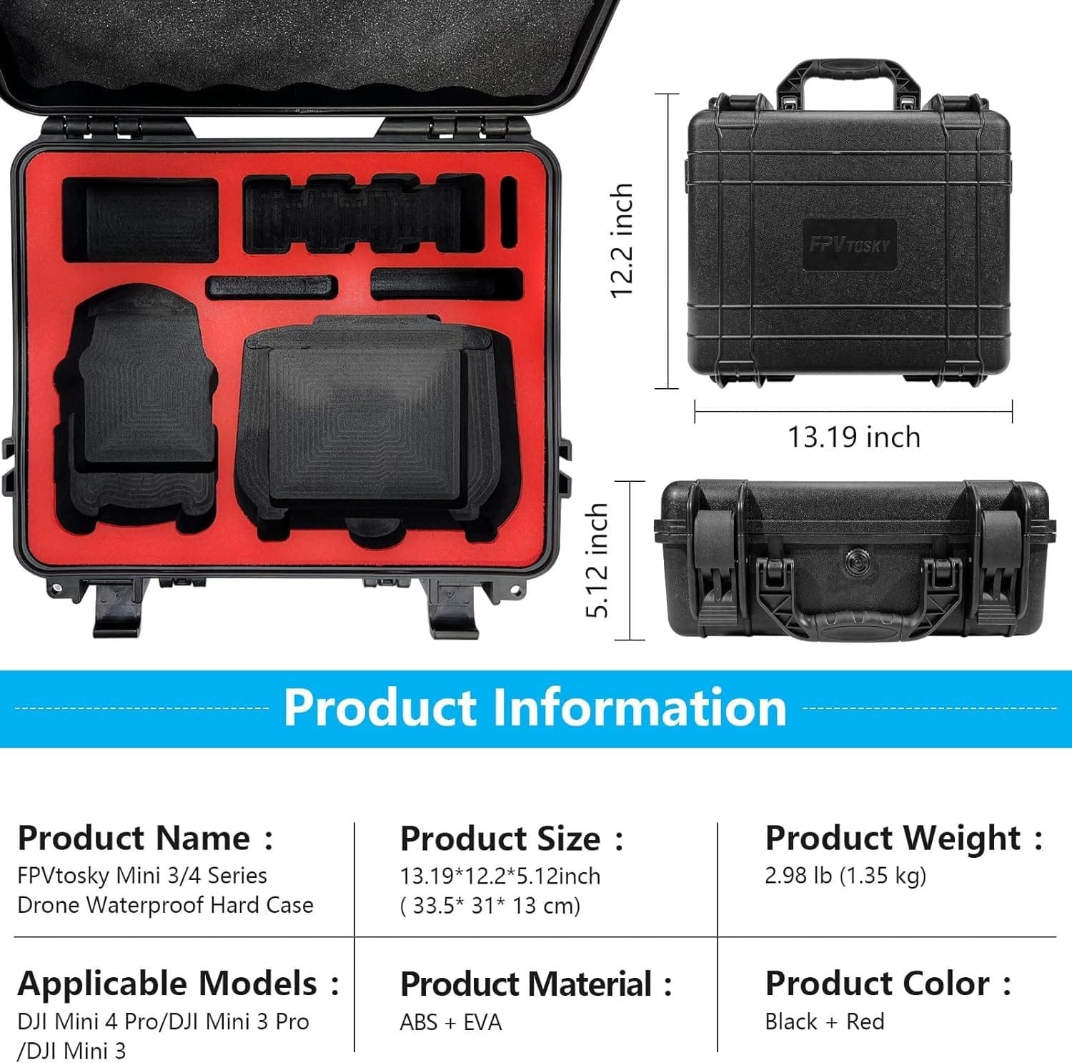 FPVtosky Mini 4 Pro Hard Case for DJI Mini 4 Pro/Mini 3 pro, Waterproof Case for Mavic mini 4 pro with DJI RC/DJI RC 2 Controller, Travel Case for DJI Mini 4 Pro/Mini 3 Pro Accessories