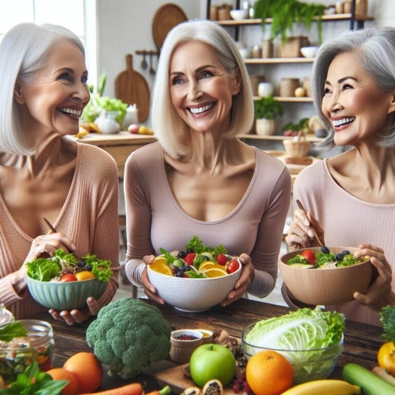 Three older women are holding bowls of vegetables.