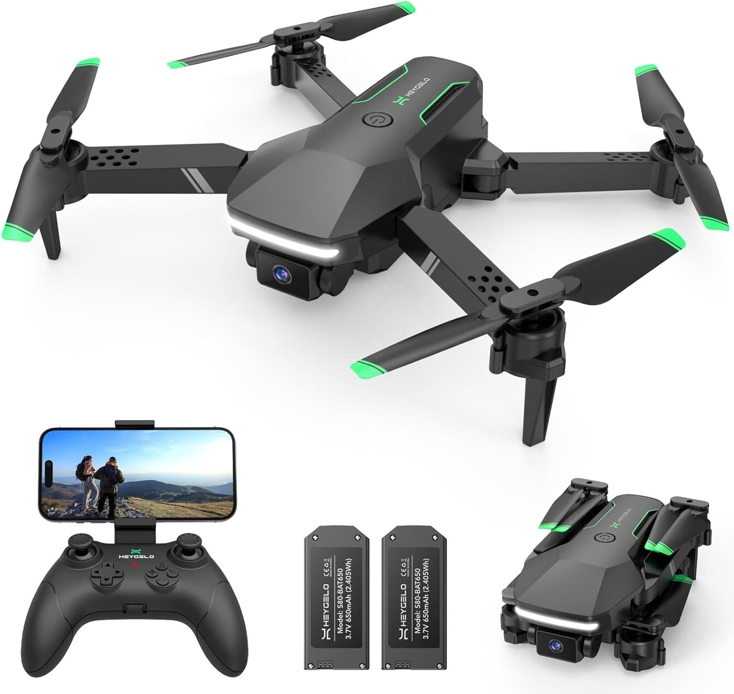 Heygelo S80 Drone with Camera for Adults, Foldable 1080P HD Mini Drones for Kids Beginners, Remote Control Helicopter Boys Toys/Gift with FPV Live Video, Full Guards, One Key Start, 2 Batteries