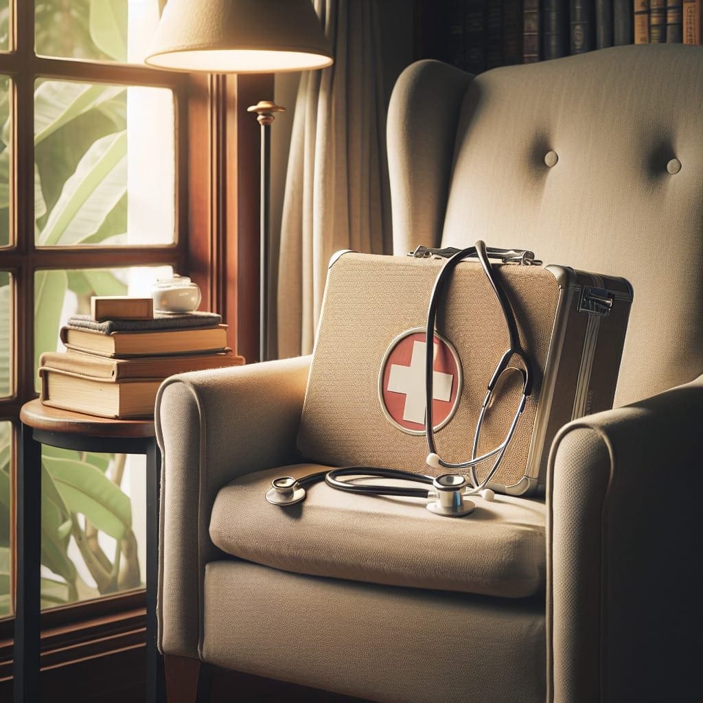 A stethoscope sitting on a chair in front of a window.