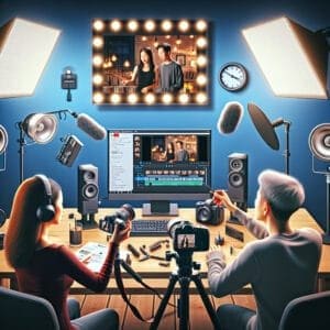 A group of people in a video production studio.