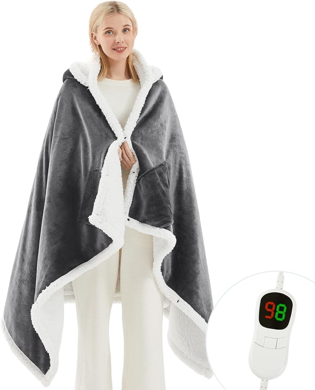 PLOATH Electric Blanket Heated Wearable Shawl - Heating Hoodie Throw Poncho with 10 Heating Levels  Multi Heating Time Settings - Heated Blanket Sherpa for Office Women Family (40x70 Dark Grey)