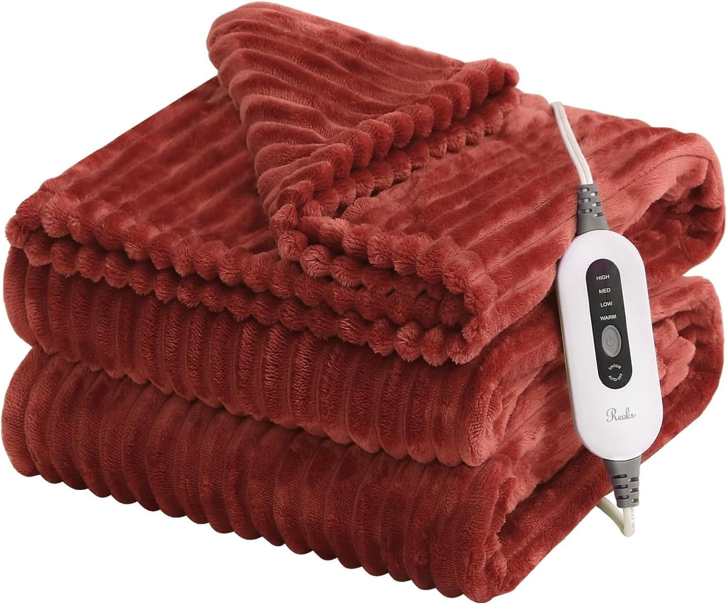 Reaks Heated Blanket Throw - 50 x 60 Electric Blanket with 4 Fast Heating Levels  3 Hours Auto Off, Soft Flannel Heating Blankets for Home Office, ULFCC Certification, Machine Washable, Red