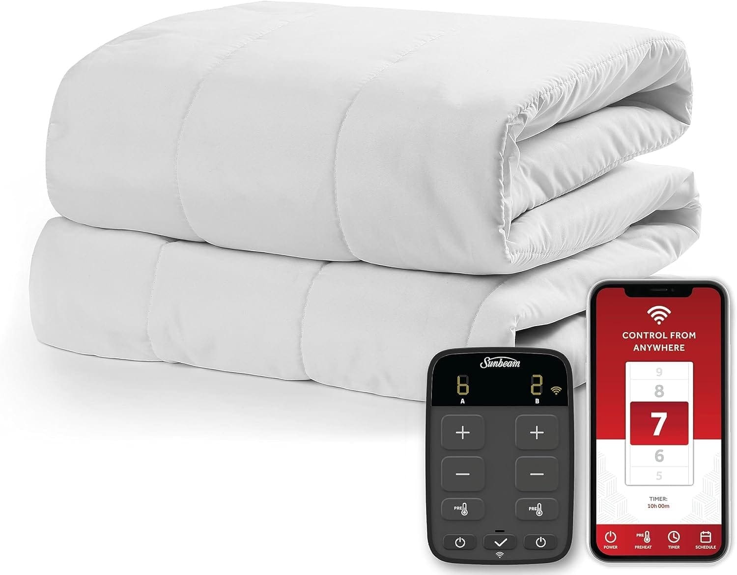 Sunbeam Polyester Wi-Fi Connected Mattress Pad, Electric Blanket, 10 Heat Settings, Queen Size