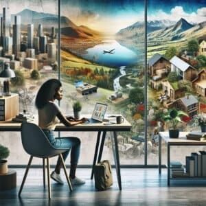 A woman working at a desk with a view of a city.