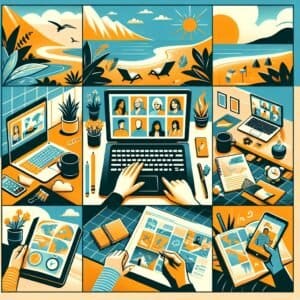 A series of illustrations showing people working on their laptops.