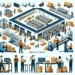 A set of isometric illustrations of people working in a warehouse.