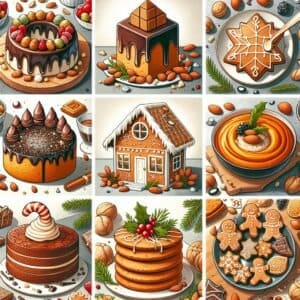 A set of illustrations of different types of cakes and cookies.