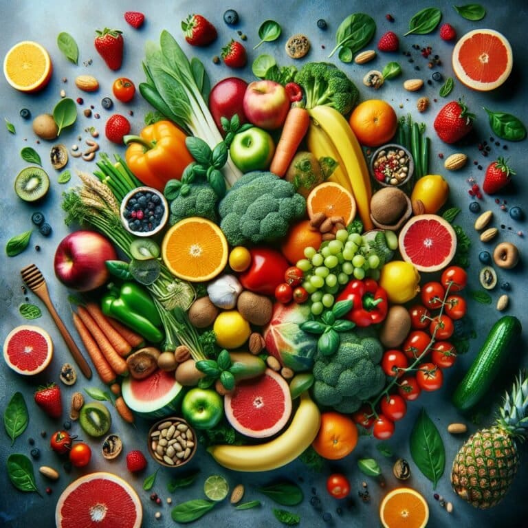 A variety of fruits and vegetables are arranged in a circle.