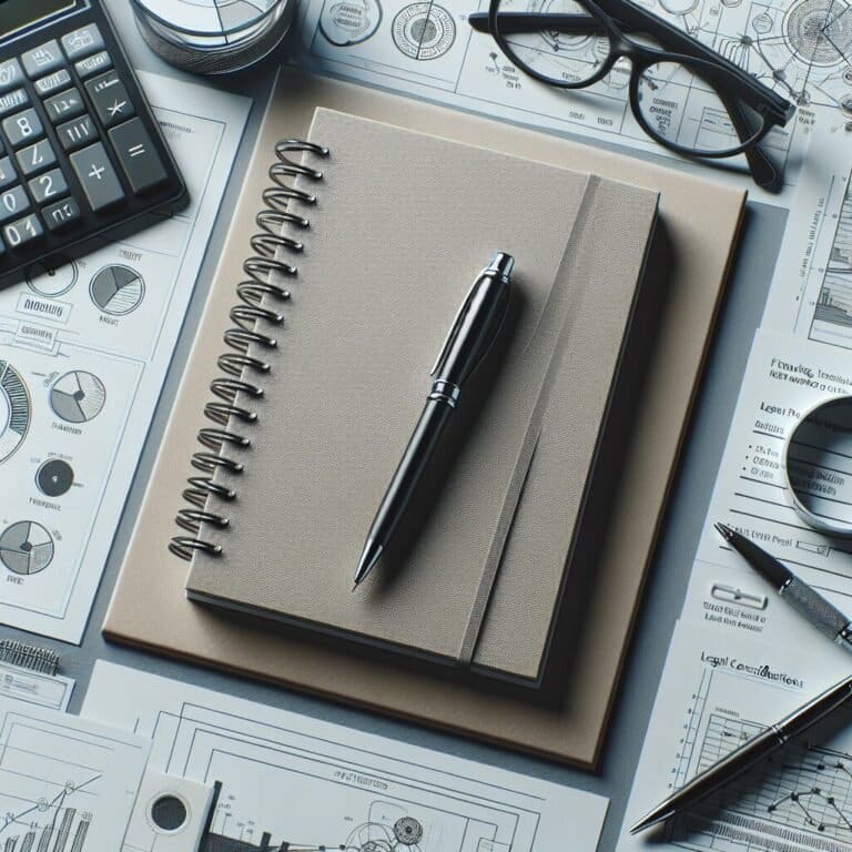 A notebook, pen, calculator and glasses on a desk.