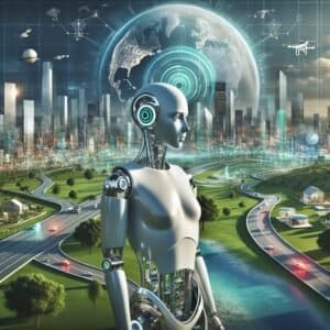 An image of a robot standing in front of a city.