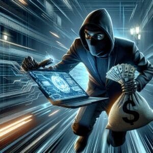 A man in a hoodie running with money and a laptop.