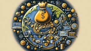 An illustration of a money bag surrounded by icons.