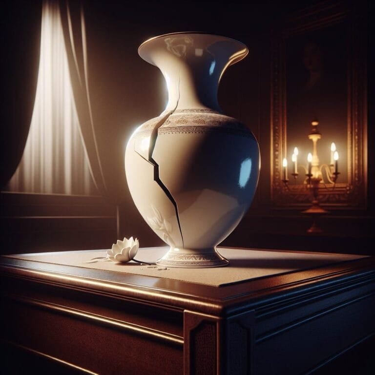 A broken vase sits on a table in front of a window.