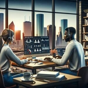 Two people working at a desk in front of a city.