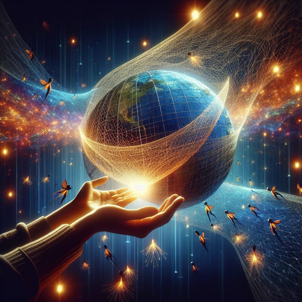 A woman's hand is holding a globe in front of a starry sky.