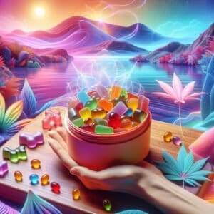 A hand holding a bowl of cbd gummies in front of a lake.