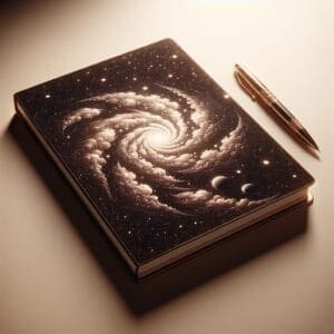 A notebook with an image of a galaxy and a pen.