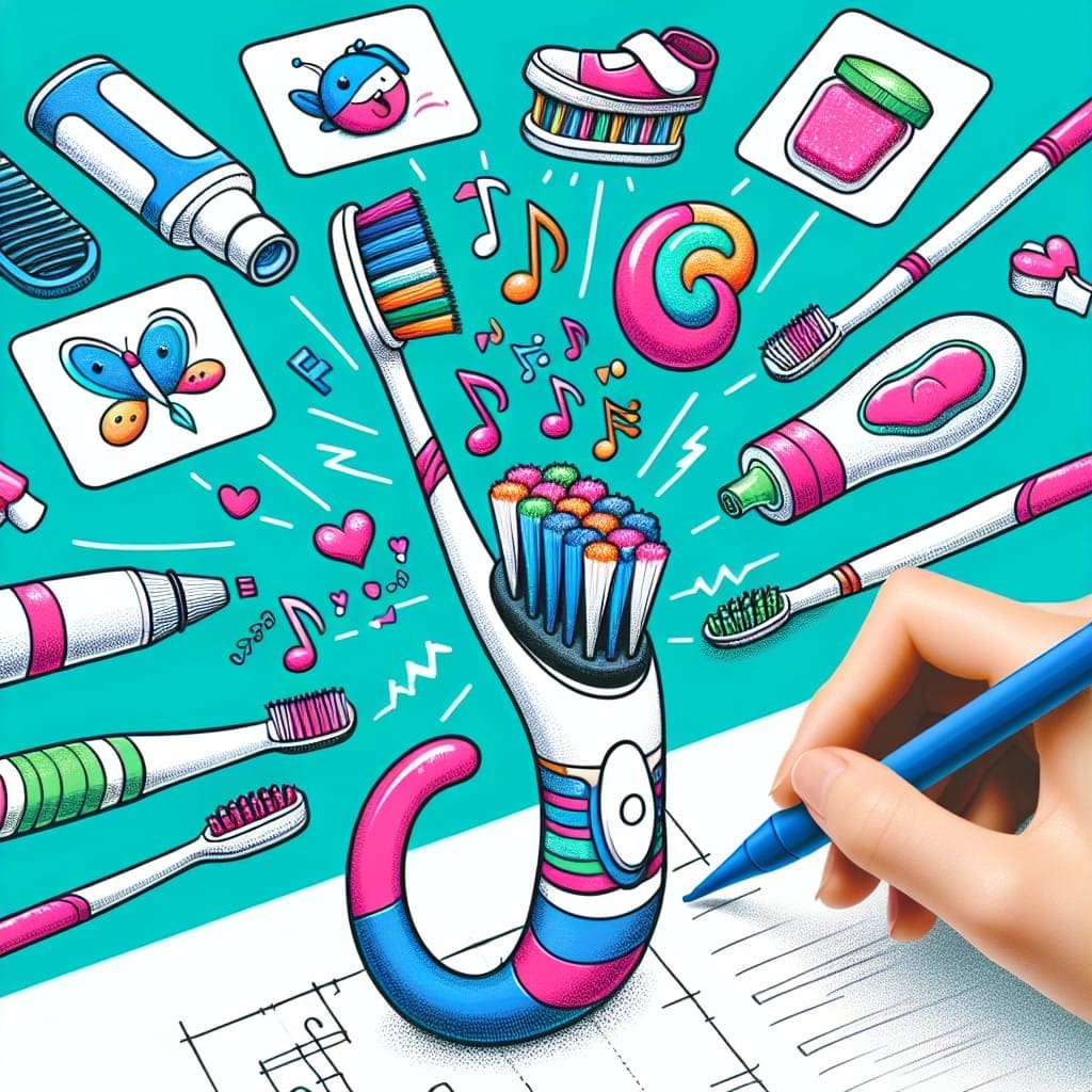 A hand drawing a toothbrush and other items.