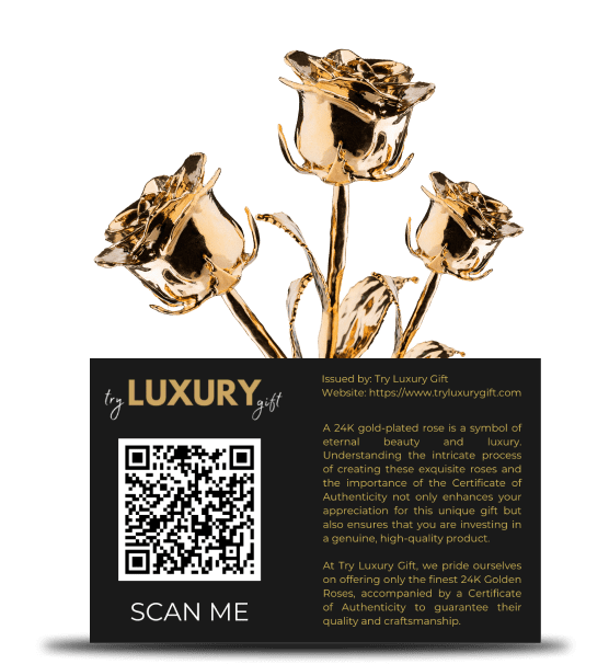 A gold rose with the words luxury by scan me.