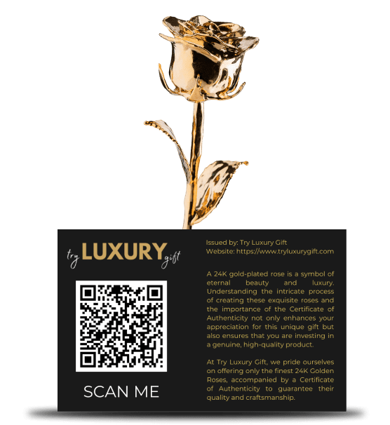 A gold rose with a qr code on it.