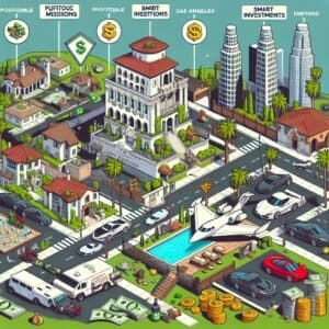 Isometric illustration of a city with cars and money.