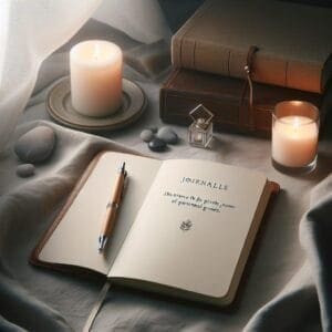 A journal with candles and a pen on a bed.