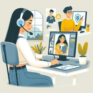 A cartoon illustration of a woman on a computer with a headset.