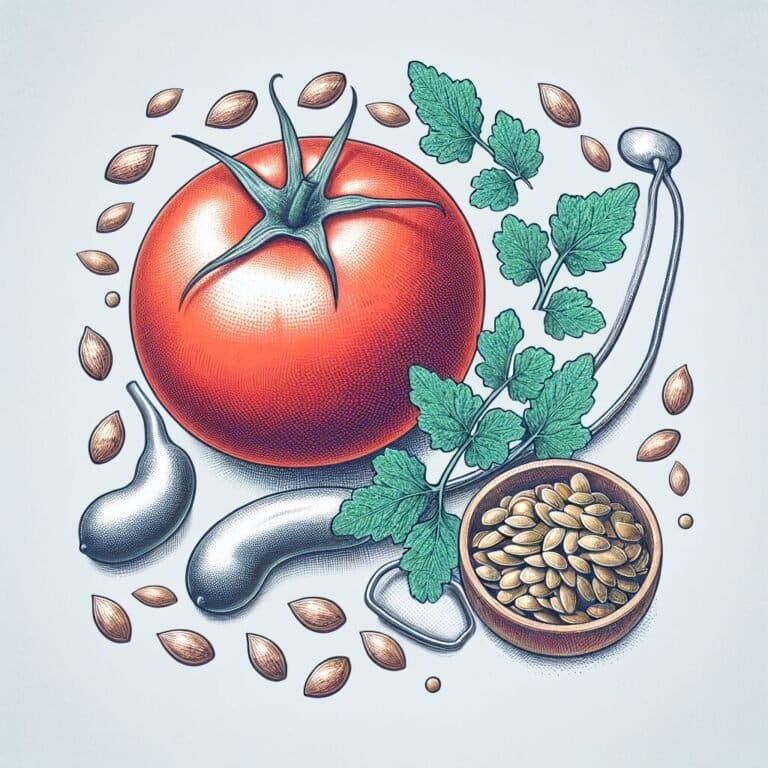 A drawing of a tomato, seeds and nuts.